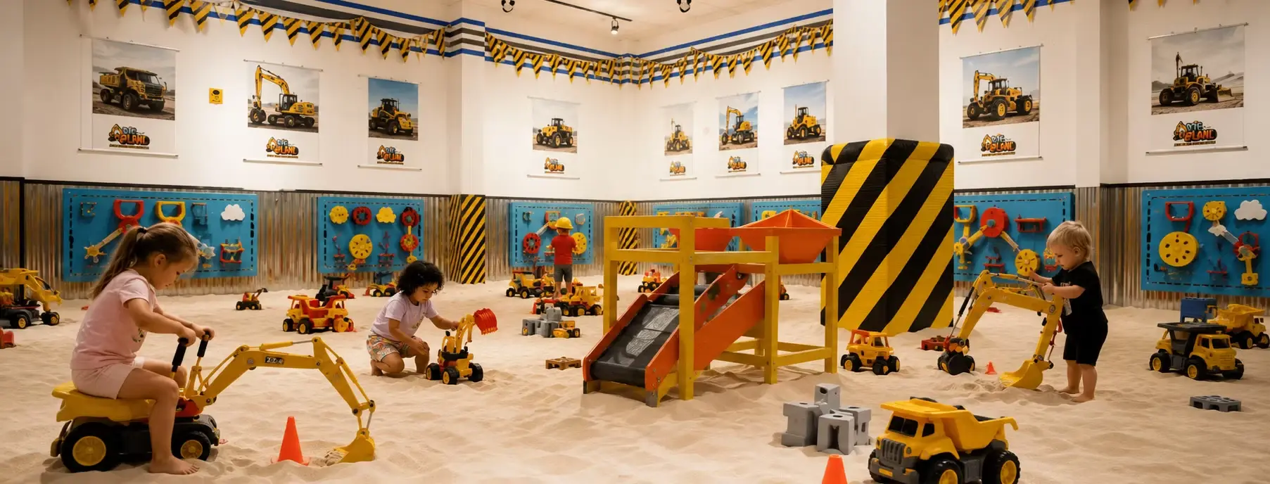Children digging and driving toy excavators across the giant indoor sand arena at DigLand Kids